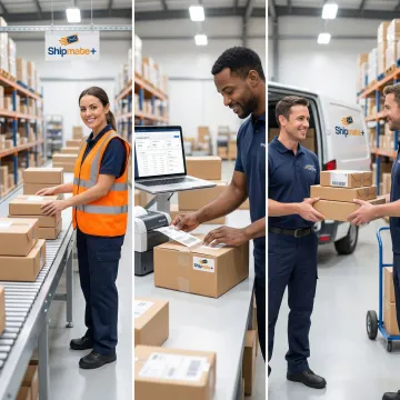 E-commerce fulfillment process showing packing, labeling, and carrier handoff at a shipping center