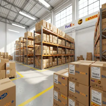 Bulk order boxes neatly stacked and labeled on warehouse shelving ready for multi-carrier shipping dispatch