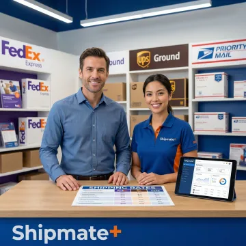 Business owner reviewing multi-carrier shipping rates at ShipMate+