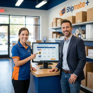 ShipMate+ team member helping a small business owner compare shipping rates at the counter