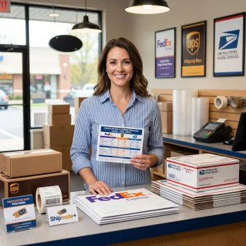 Small business owner comparing shipping rates at ShipMate+ in Vista, California