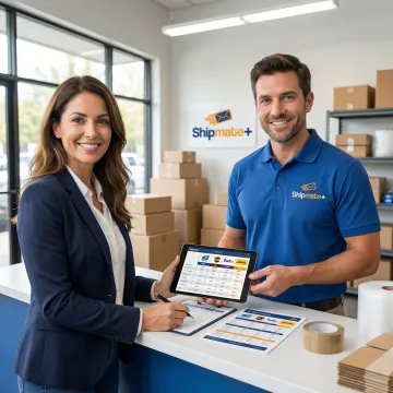 Side-by-side carrier rate comparison being reviewed by a business owner at a shipping services counter