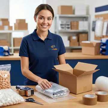 Shipping specialist carefully packing e-commerce products into a corrugated box at a pack-and-ship counter