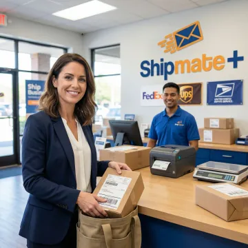 E-commerce seller dropping off a large batch of labeled packages at a shipping center