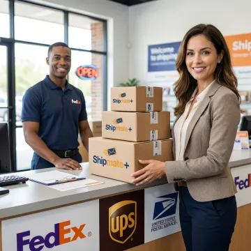 E-commerce seller dropping off labeled packages at a multi-carrier shipping store