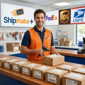 ShipMate+ team member processing a high-volume business shipment at a multi-carrier shipping counter
