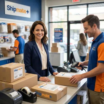 Business owner dropping off a large volume of labeled packages at a multi-carrier shipping center