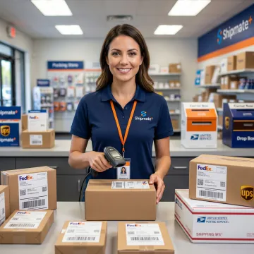Shipping specialist reviewing labeled packages on a processing counter ready for multi-carrier pickup