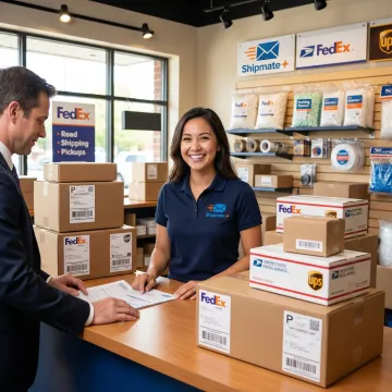 High-volume package shipping counter with stacked boxes and multiple carrier labels