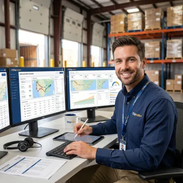 Freight specialist reviewing carrier rate comparisons on a computer at a shipping center