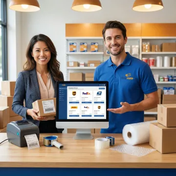 ShipMate+ team member guiding a Chicago business owner through the carrier account setup process