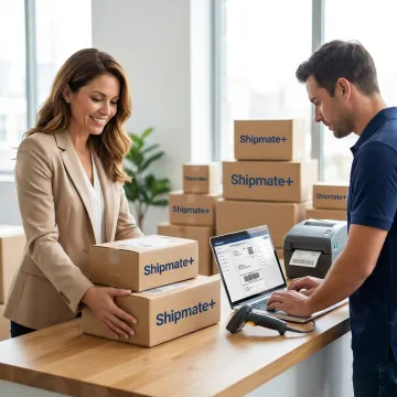 Shopify e-commerce seller dropping off orders at ShipMate+ for professional packing and multi-carrier shipping