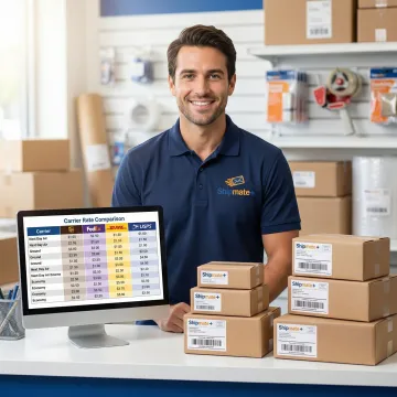 Shipping specialist comparing multi-carrier rates on a computer while surrounded by packaged business orders