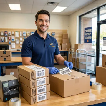 ShipMate+ staff preparing FBA-labeled boxes for shipment to Amazon warehouse in Miami