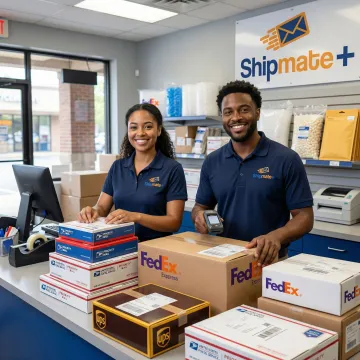 High-volume parcel shipping operation with stacked boxes and carrier labels at a professional pack and ship center