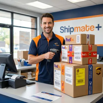 Professional shipping specialist processing a stack of labeled parcels at a multi-carrier shipping counter