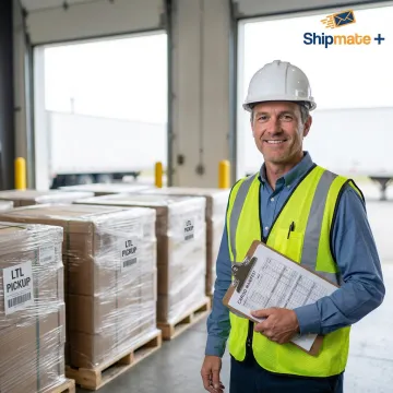 ShipMate+ freight specialist coordinating a business shipment with palletized cargo