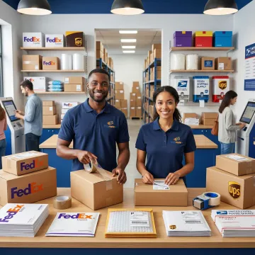 Professional shipping team processing high-volume business orders at a multi-carrier shipping center