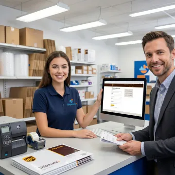 Step-by-step UPS business account setup process at a shipping outlet