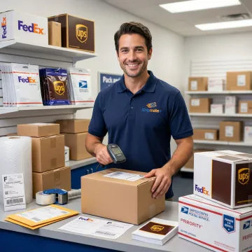 Staff member processing a large volume of business packages at a California shipping center