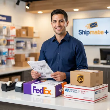Business owner reviewing shipping labels at a professional California pack-and-ship center