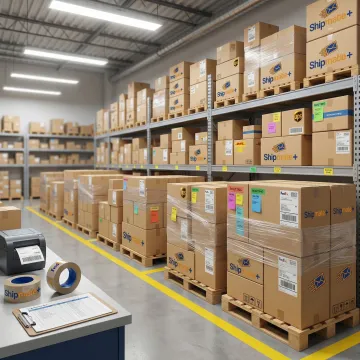 Stacked business shipment boxes ready for volume carrier pickup at a shipping store