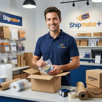 Professional packer preparing Amazon seller orders with bubble wrap and shipping boxes