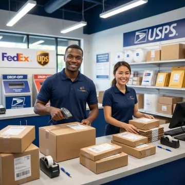Professional staff processing high-volume business packages at a multi-carrier shipping counter