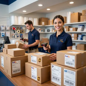 High-volume package shipping operation with stacked boxes and multi-carrier labels