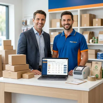 Business owner reviewing multi-carrier shipping rates with ShipMate+ staff