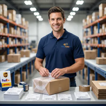 ShipMate+ team member preparing a business shipment at a fulfillment counter in Georgia
