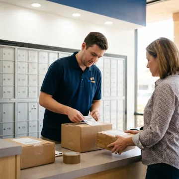 Postal center counter with mailboxes and packages