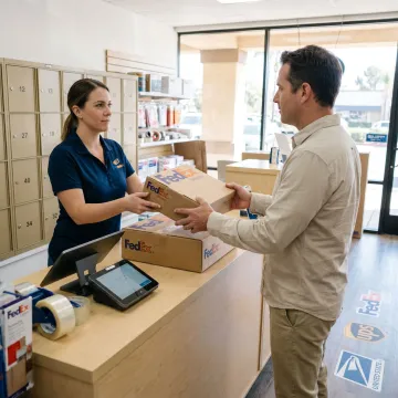 Customer receiving packages at a mailbox rental counter
