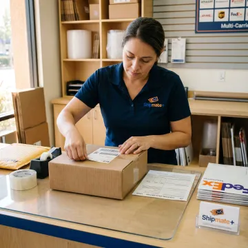 Shipping specialist preparing international FedEx paperwork