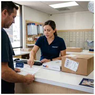 FedEx international shipping counter with packed boxes