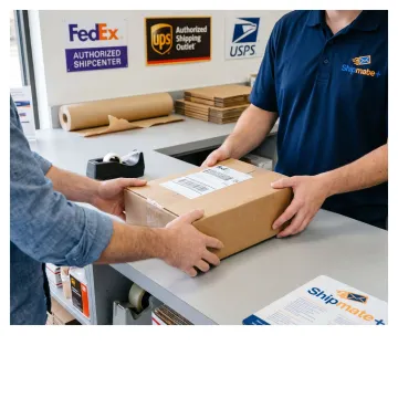 Customer dropping off a labeled FedEx package