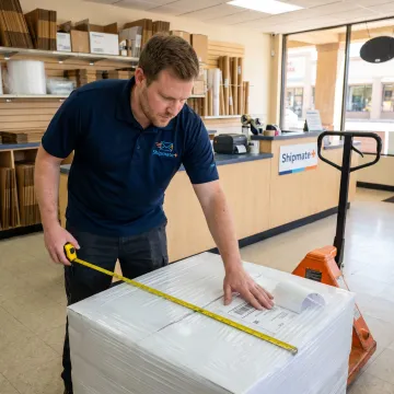 Shipping specialist measuring freight for expedited transport