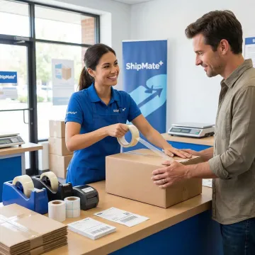 Staff member helping a customer prepare a return package at a shipping store