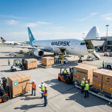 Business air freight shipping with cargo being loaded onto a commercial aircraft