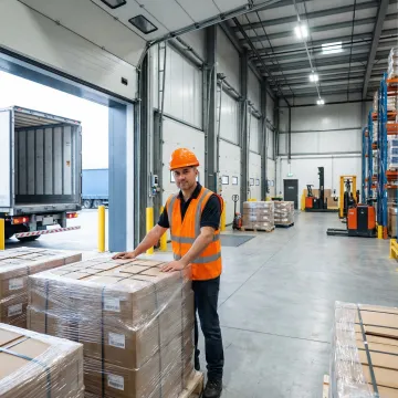 Freight shipping specialist arranging palletized cargo for LTL shipment