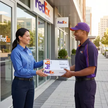 ShipMate+ staff member handing a FedEx package to a courier driver at the store entrance