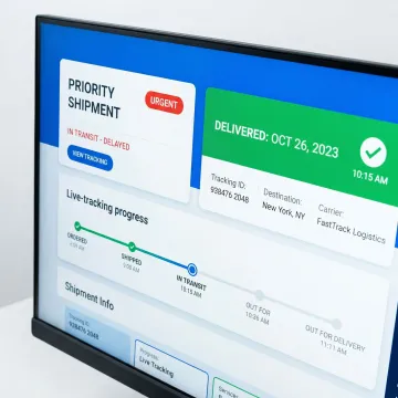 Real-time package tracking displayed on a screen at a shipping center