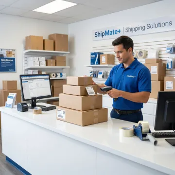 ShipMate+ staff member processing and labeling multiple business packages at a shipping counter