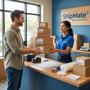 E-commerce seller dropping off a stack of labeled packages at a ShipMate+ shipping counter