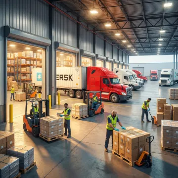 Commercial freight trucks loaded with palletized cargo at a Pennsylvania shipping facility
