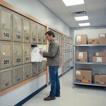 Private mailbox rental lobby with secure mailboxes