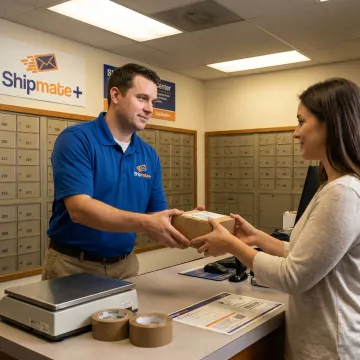 Customer picking up packages at mailbox rental counter