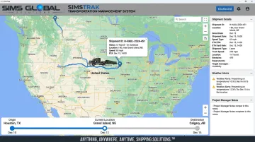 SimsTrak dashboard displaying real-time heavy-haul shipment tracking