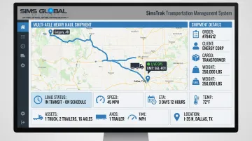 SimsTrak transportation management system dashboard tracking heavy haul superload shipments