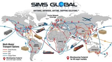 Sims Global Solutions freight logistics network map showing carrier coverage and warehousing locations